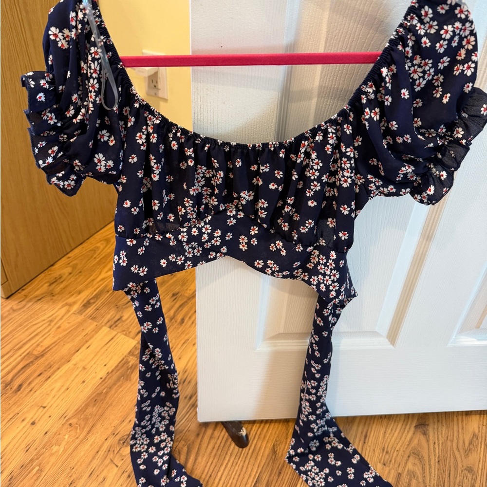 Windsor Navy Blue Floral Off-Shoulder Crop Top